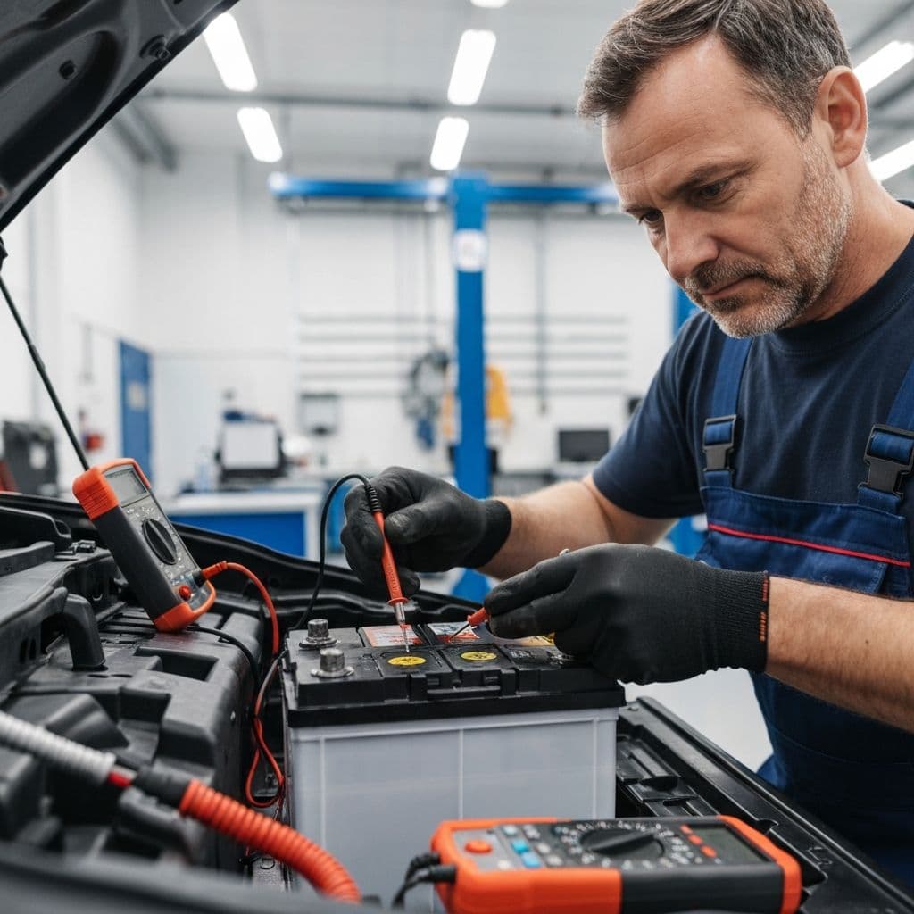 Monteur test een auto-accu met professionele meetapparatuur