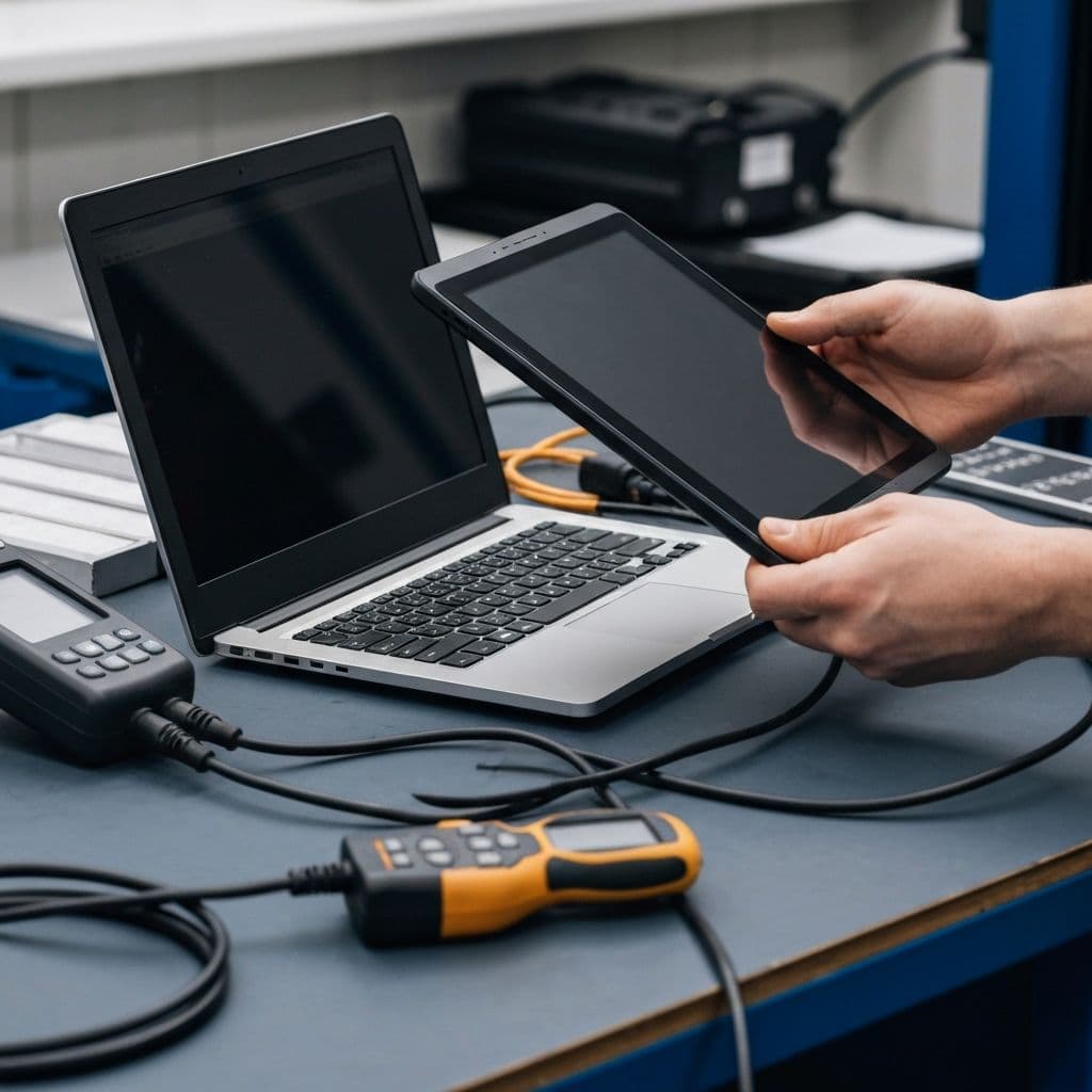 Diagnoseapparatuur uitleessessie tijdens het inleren van een nieuwe accu