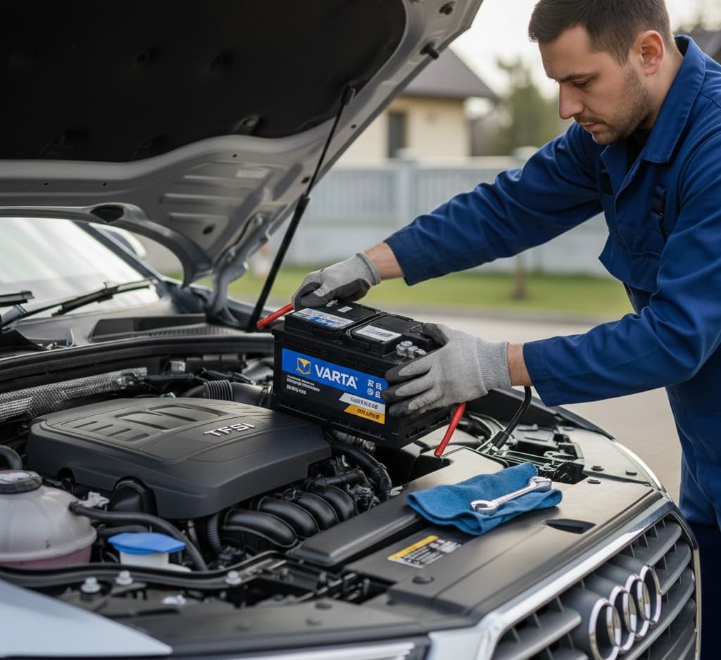 Monteur van Mobiele Accu Specialist vervangt een Varta-accu bij een auto aan huis